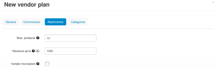 The "Restrictions" tab of a vendor plan.