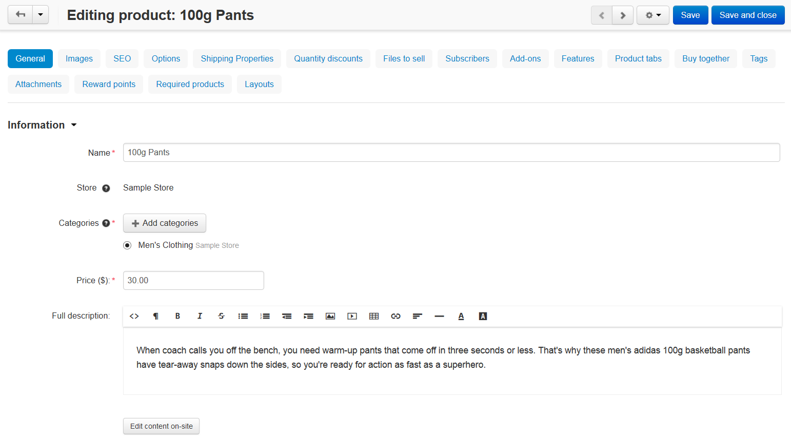 Tabs with properties on the product editing page.