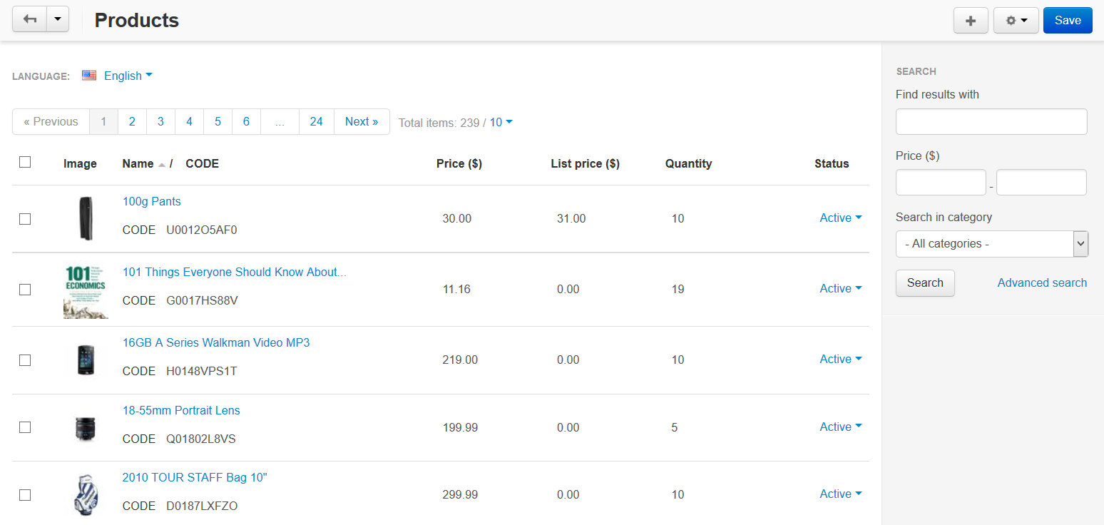 The product list in CS-Cart admin panel.