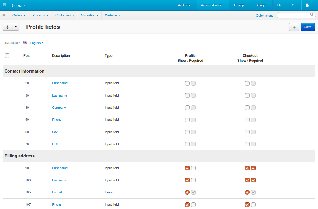 The list of profile fields in the administration panel.