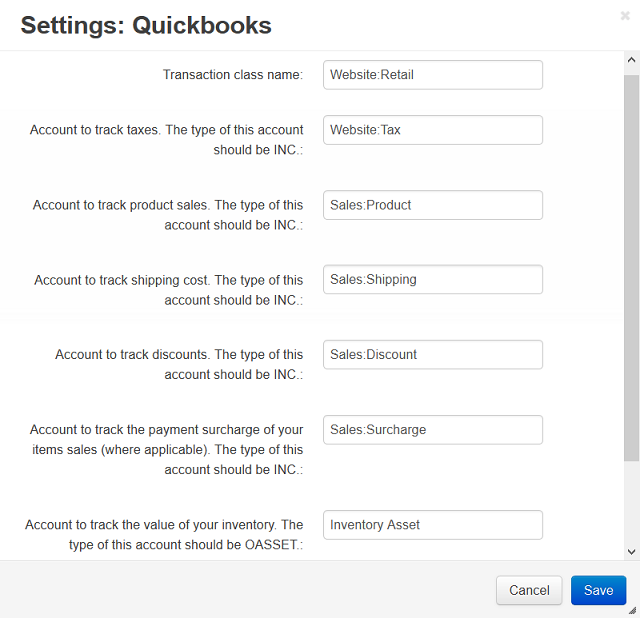 Quickbooks settings