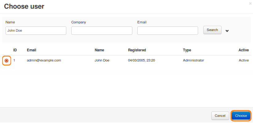 Use the radio buttons to select the administrator you want to assign to the order, then click the Choose button.