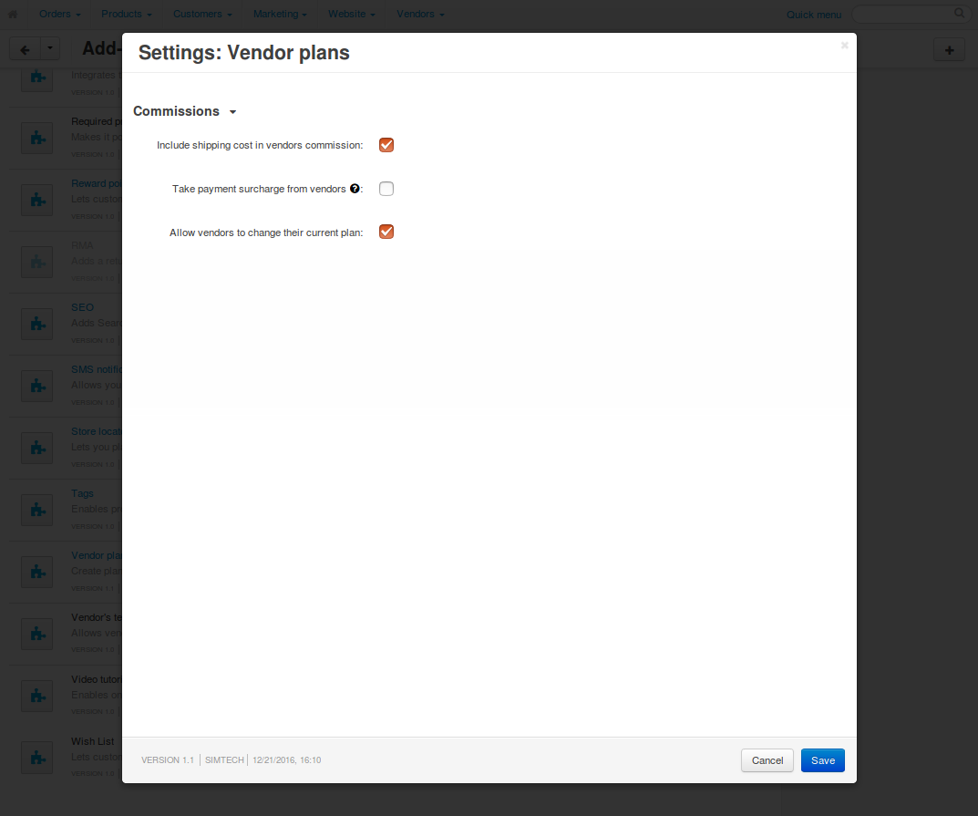 The settings of the Vendor Plans add-on.
