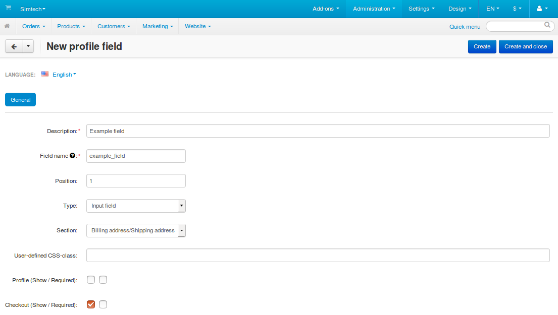 Specify the properties of the profile field.