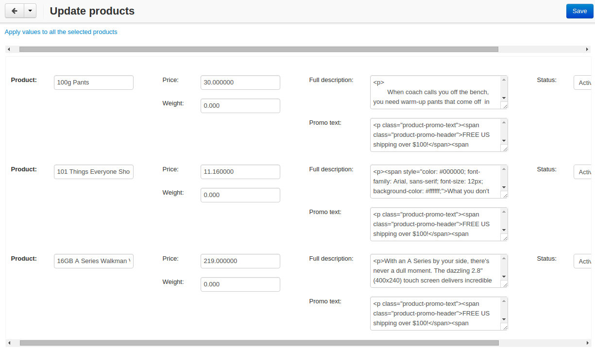 The chosen properties of all selected products will appear on one page.