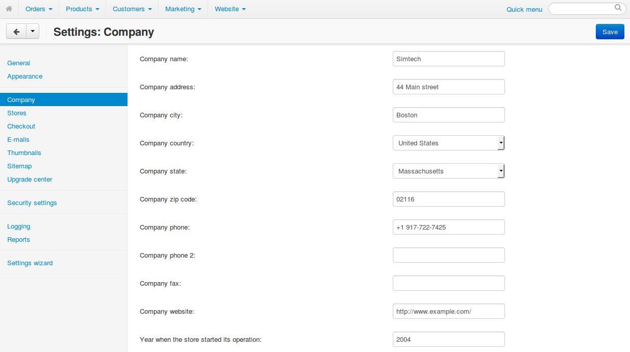 The "Settings → Company" page in CS-Cart contains the sender's address.