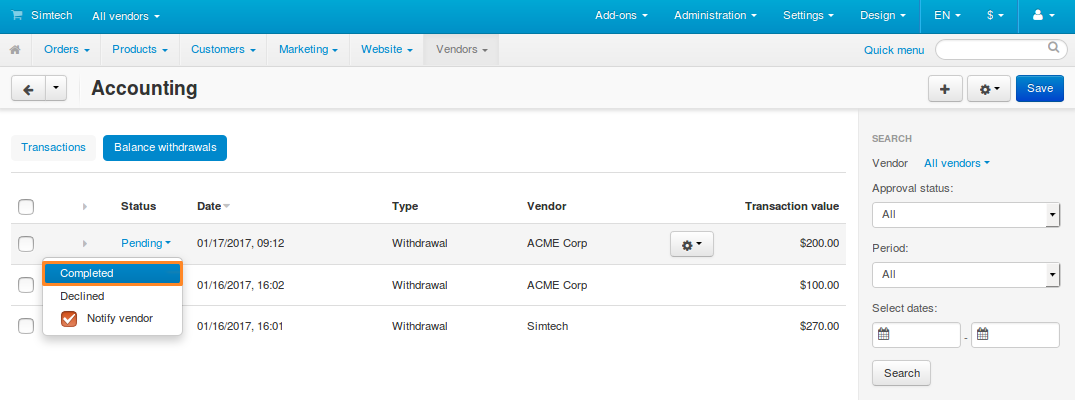 The Accounting page in Multi-Vendor.
