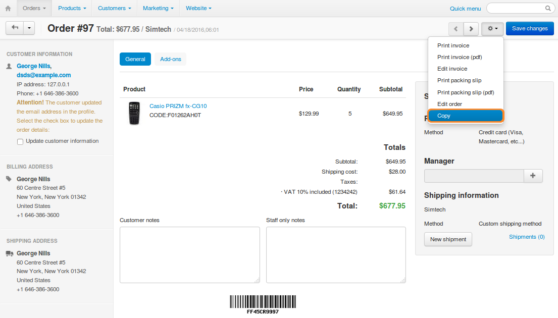Copy orders on the order detail page.