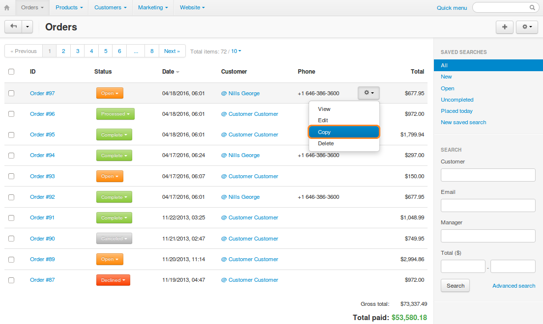 Copy orders right on the order list page.
