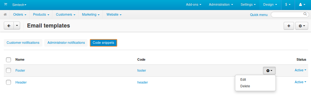 The list of snippets for email notifications.
