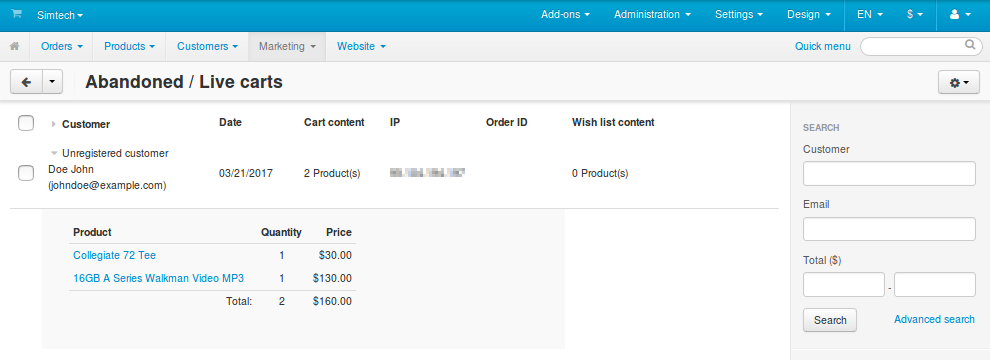 The names and emails of unregistered customers as they appear on the list of abandoned carts.