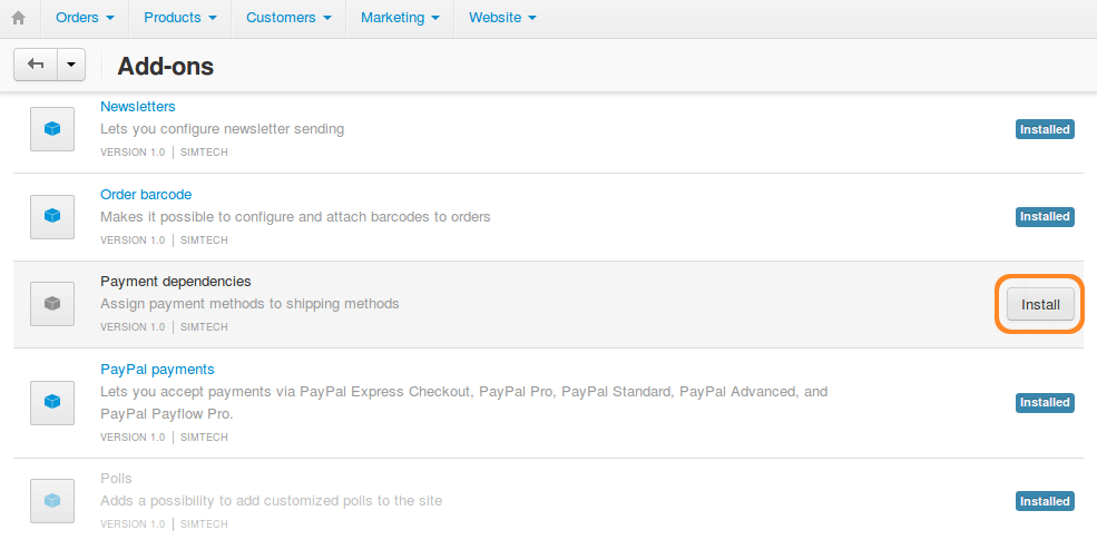 The Payment Dependencies add-on is not installed by default.