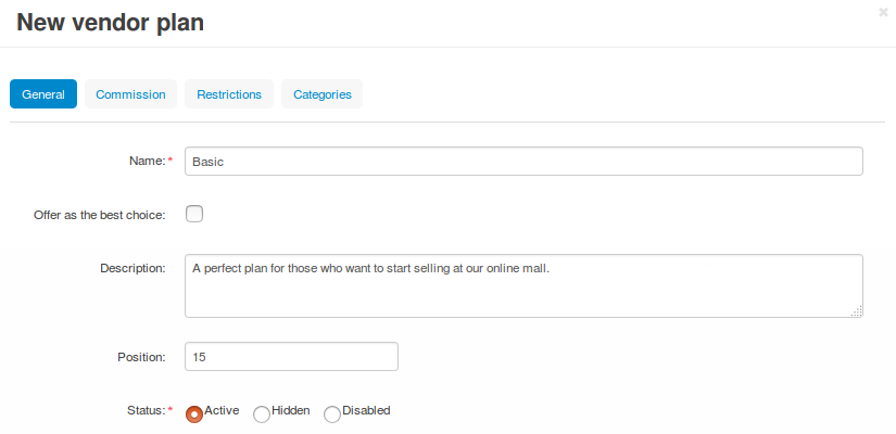 The "General" tab of a vendor plan.