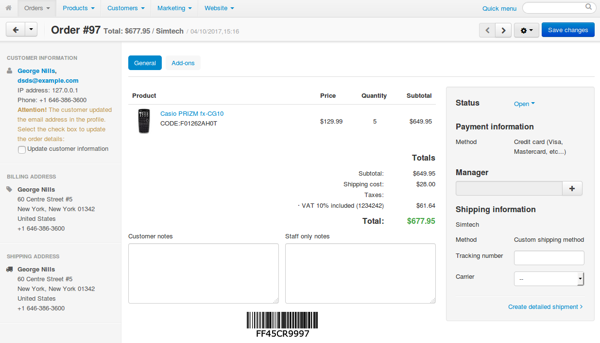You can add comments to the order, assign a manager, and create shipments.