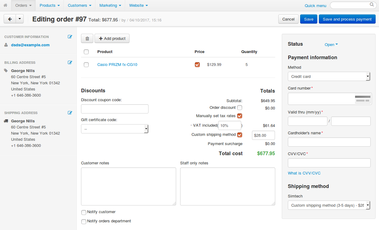 The order editing page