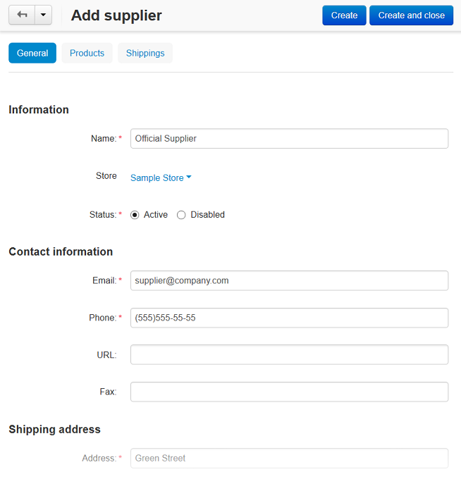 Supplier creation form in CS-Cart.