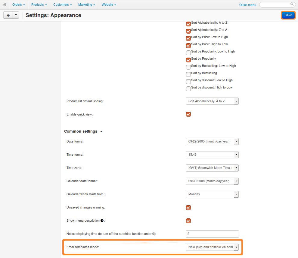 The "Email template mode" setting.