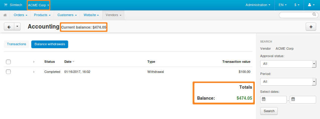 The balance of a vendor.