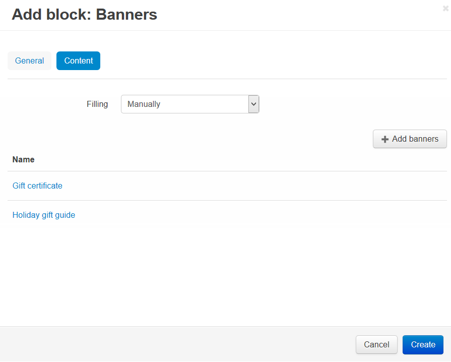 Creating a block for banners: the Content tab.