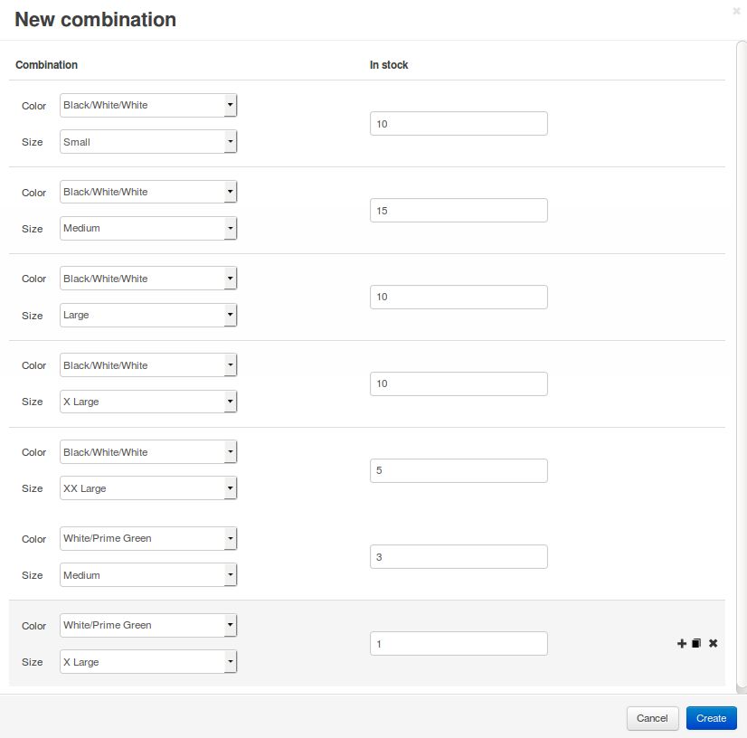 You can add multiple option combinations at once.