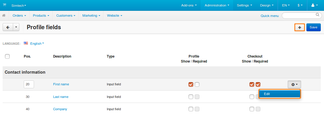 The buttons that allow you to add a new field or edit an existing one.