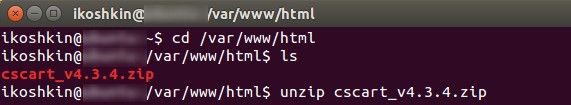 Locating and extracting the CS-Cart archive.
