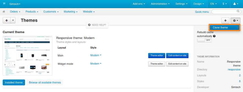 Cloning a theme in the Administration panel.
