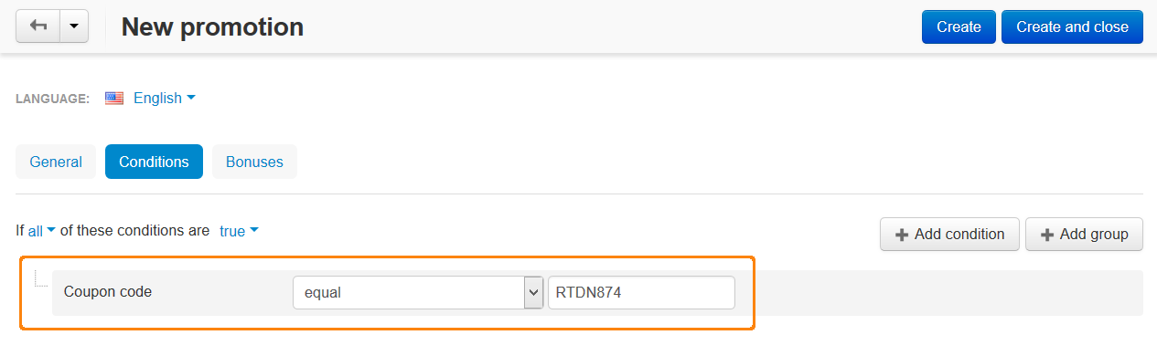 Specifying a coupon code for a promotion in CS-Cart.