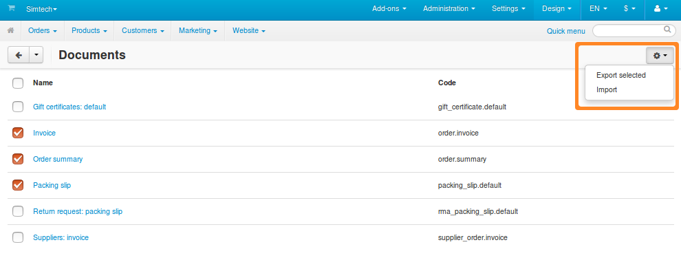 Use the gear button to export and import documents.