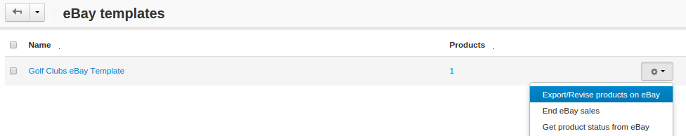 Select the template to export or revise, then click Export/Revise products on Ebay.