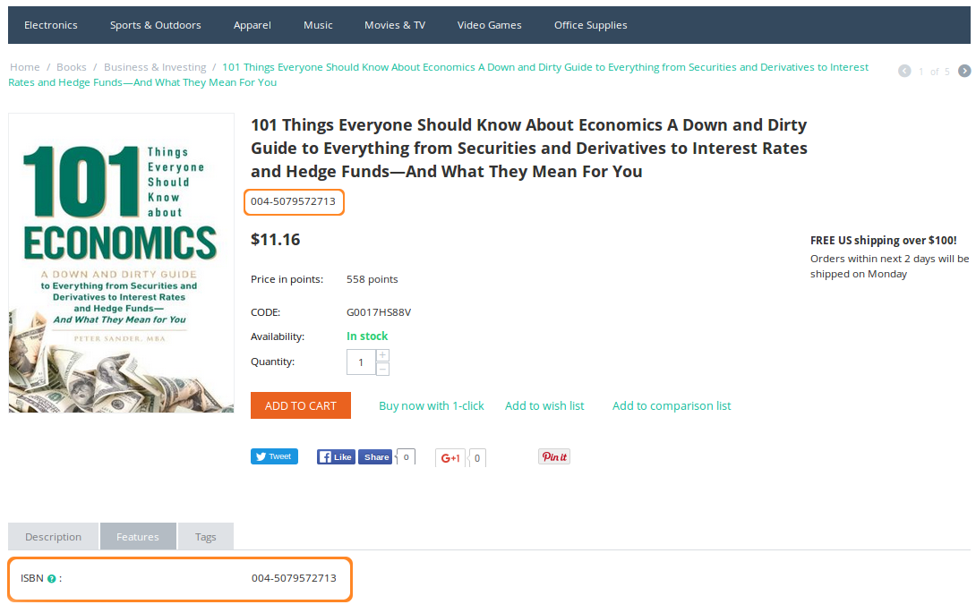 Product features appear on the separate tab on the product page.