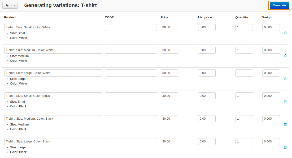 The "Generate" button will delete the existing variations of the product and create the variations that you see on the list.