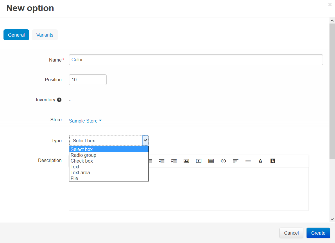 The option creation pop-up window in CS-Cart