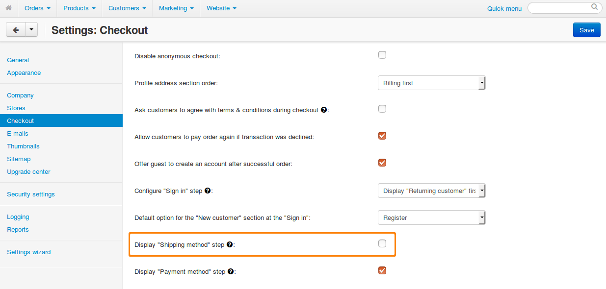 The "Settings → Checkout" page in CS-Cart allows you to hide shipping method selection at checkout.