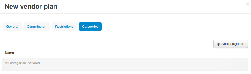 The "Categories" tab of a vendor plan.
