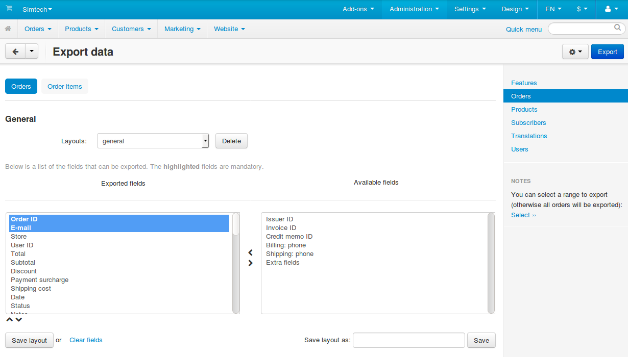 The list of exported fields for orders.