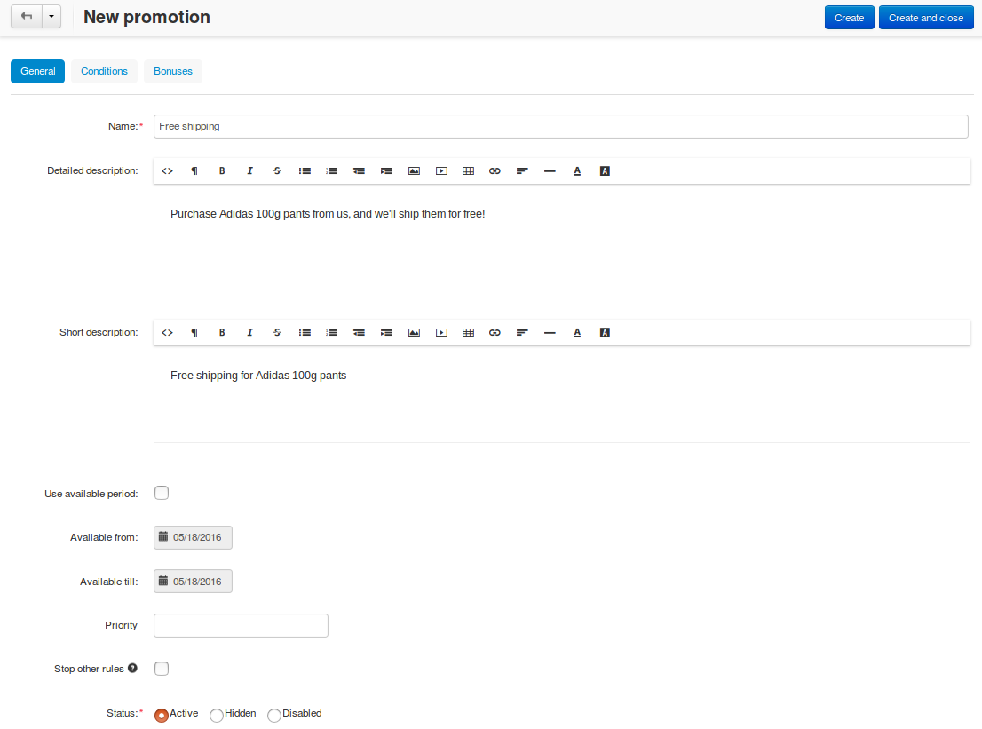 Name your promotion and specify other parameters on the General tab.