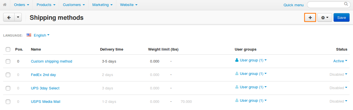 The list of shipping methods in CS-Cart and Multi-Vendor.