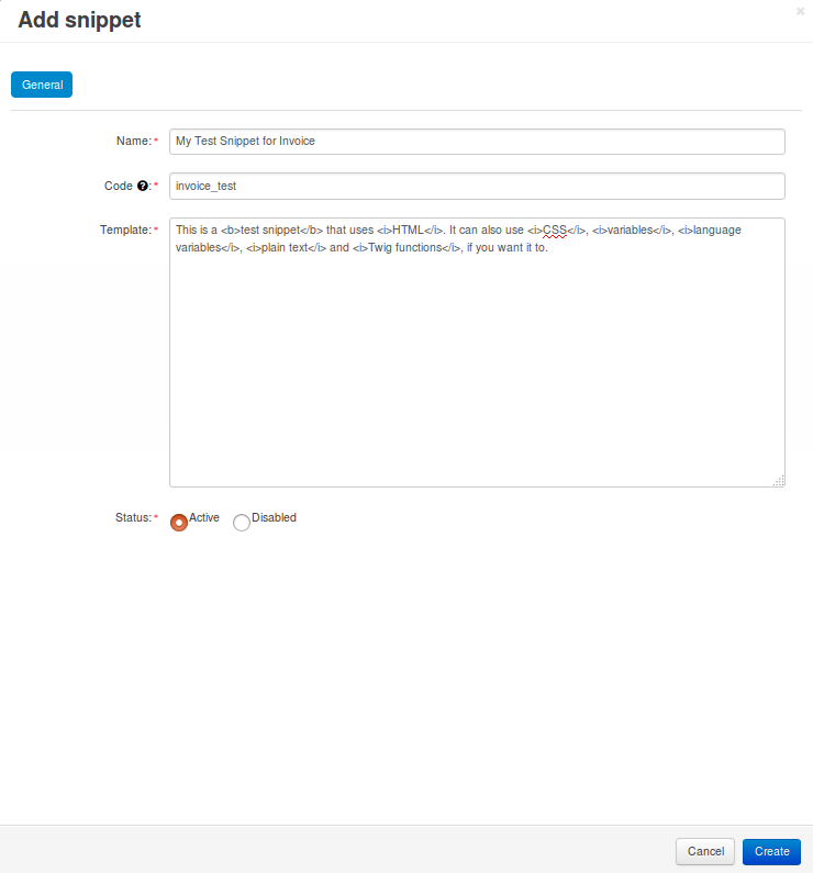 Creating a new snippet for a document.