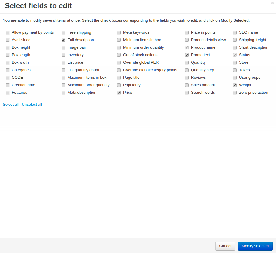 Tick the checkboxes of the product properties you'd like to edit.