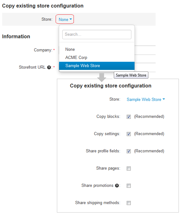 Copy or share objects from your existing stores, if you want..