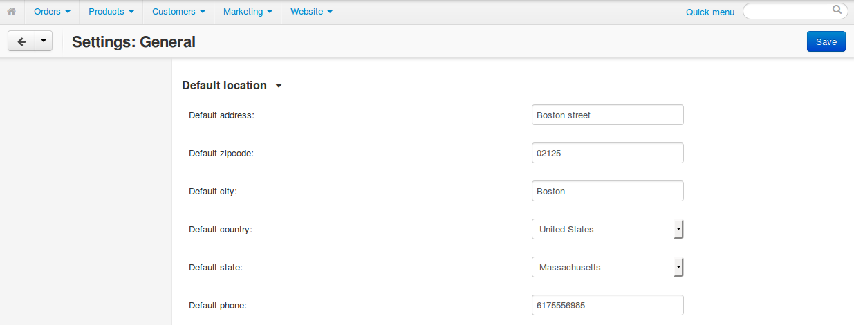 The default location serves as the default address for customers.