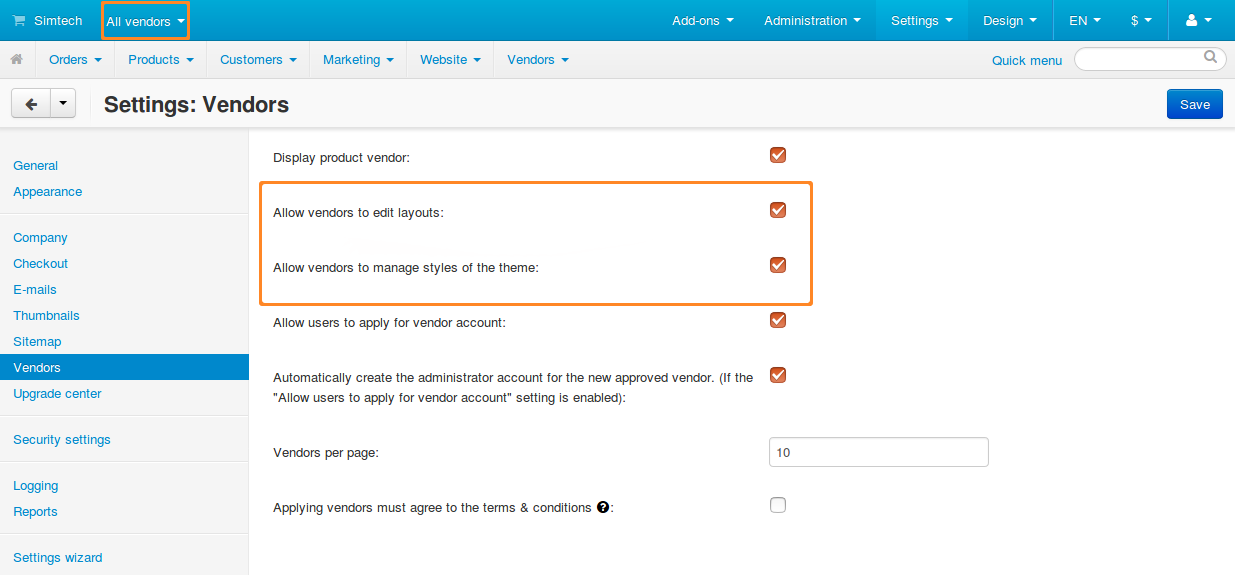 Go to Settings → Vendors to determine whether or not vendors should be able to edit layouts and styles.