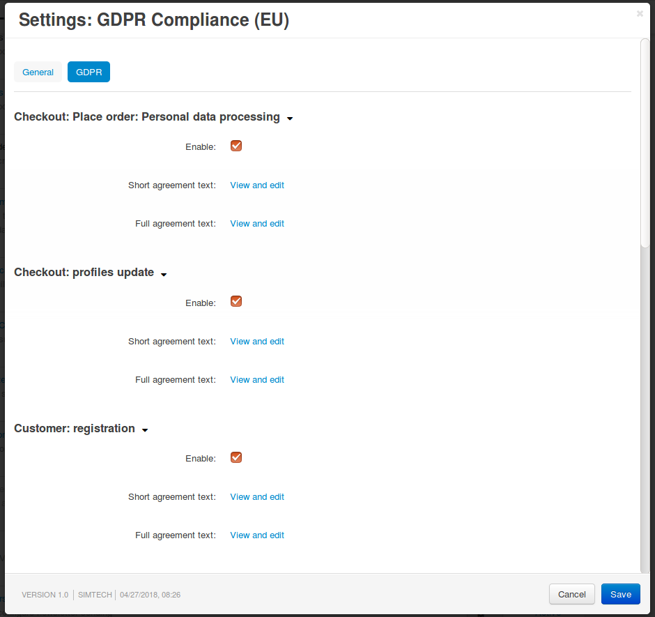 The notices about personal data processing can be edited separately from each other.