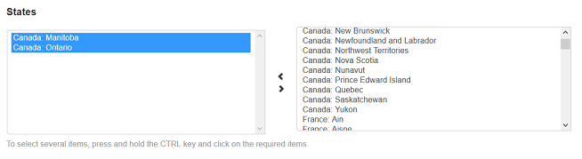 The "States" section of the location editing page in CS-Cart and Multi-Vendor.