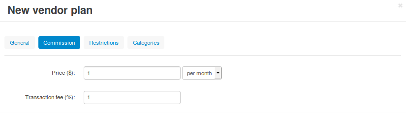 The "Commission" tab of a vendor plan.