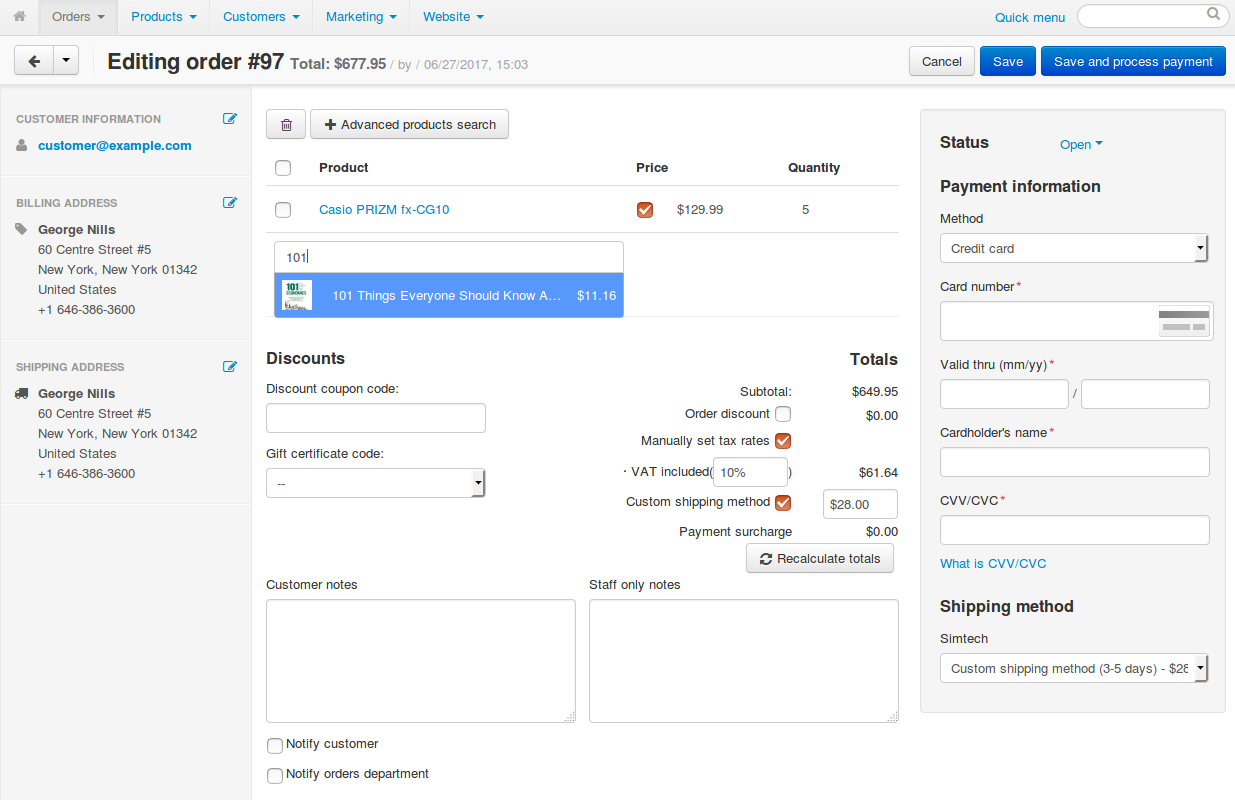 The order editing page