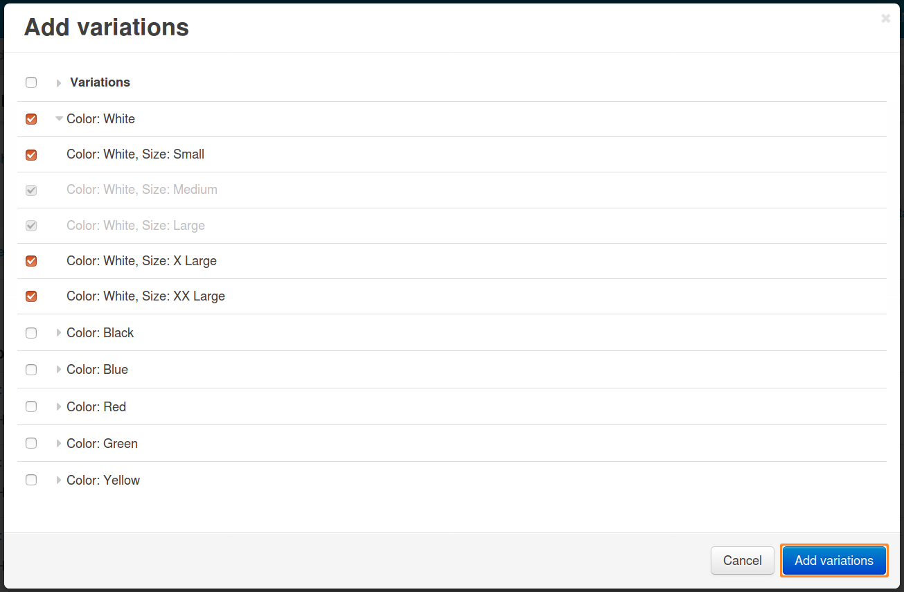 Tick the checkboxes of the variations you'd like to add.