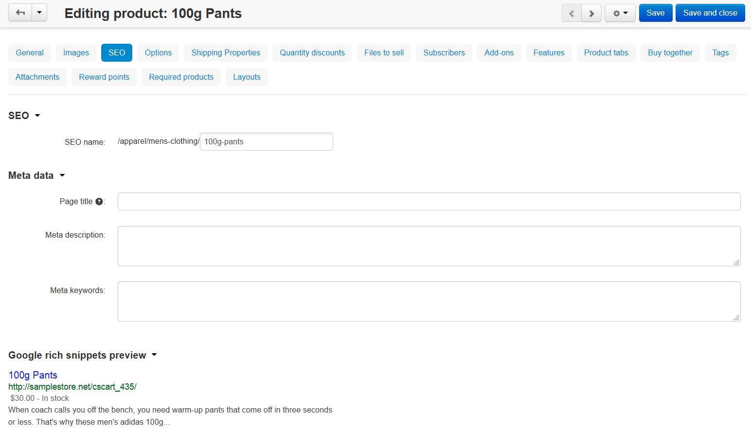 The "SEO" tab of a product in CS-Cart.