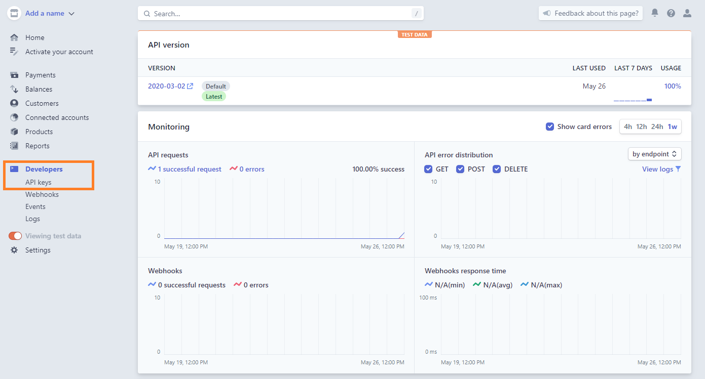 Stripe API section.